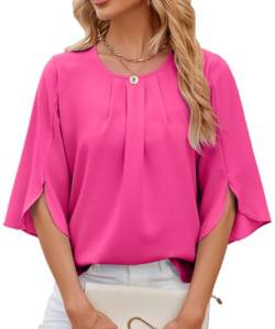 OLIPHEE Damen Bluse Elegant Hemd mit 1/2 Arm Knopf T-Shirts Tunika Einfarbig Rundhalsausschnitt Fledermausärmel Tops (M,Rosa) von OLIPHEE