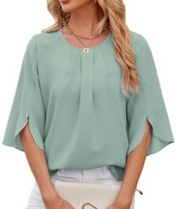 OLIPHEE Damen Bluse Elegant Hemd mit 1/2 Arm Knopf T-Shirts Tunika Einfarbig Rundhalsausschnitt Fledermausärmel Tops (XL,Hellgrün) von OLIPHEE