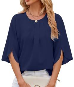 OLIPHEE Damen Bluse Elegant Hemd mit 1/2 Arm Knopf T-Shirts Tunika Einfarbig Rundhalsausschnitt Fledermausärmel Tops (XL,Navyblau) von OLIPHEE