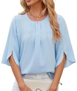 OLIPHEE Damen Bluse Elegant Hemd mit 1/2 Arm Knopf T-Shirts Tunika Einfarbig Rundhalsausschnitt Fledermausärmel Tops (XXL,Hellblau) von OLIPHEE