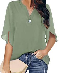 OLIPHEE Damen Bluse Elegant Lose Hemd mit 3/4 Arm Knopf T-Shirts Tunika Oberteile V-Ausschnitt Fledermausärmel Tops (M,Grün) von OLIPHEE