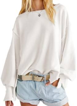 OLIPHEE Damen Sweatshirt Langarmshirt Rundhals Tops Teenager Vintage Pullover Casual Oberteile (XL,Weiss) von OLIPHEE
