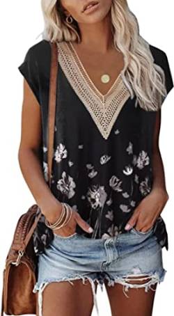 OLIPHEE Damen T-Shirt lässig V-Ausschnitt Tanktops Blumen Druck Casual Basic Tuniken (L,Schwarze Blume) von OLIPHEE