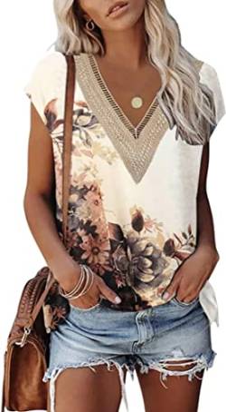 OLIPHEE Damen T-Shirt lässig V-Ausschnitt Tanktops Blumen Druck Casual Basic Tuniken (L,Weiße Blume) von OLIPHEE