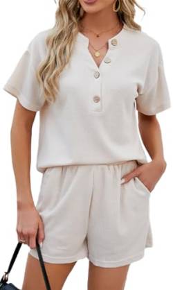 OLIPHEE Damen T-Shirt und Short Set 2 Teiler Pyjama Sommer Zweiteilig Kurz Schlafanzug mit Knopf (M,Beige) von OLIPHEE