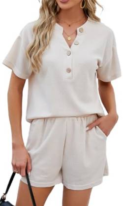 OLIPHEE Damen T-Shirt und Short Set 2 Teiler Pyjama Sommer Zweiteilig Kurz Schlafanzug mit Knopf (XL,Beige) von OLIPHEE