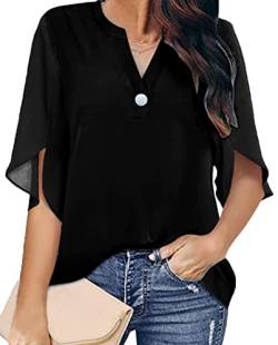 OLIPHEE Damen T-Shirts V-Ausschnitt Einfarbiger Chiffon Tops (3XL,Schwarz) von OLIPHEE