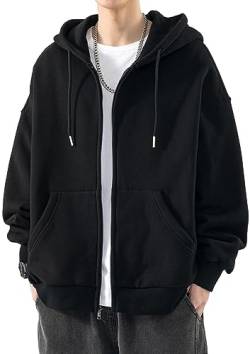 OLIPHEE Herren Hoodie Einfarbig Kapuzenpullover Fashion Full Zipper Oberteile mit Taschen (S,Aschwarz) von OLIPHEE