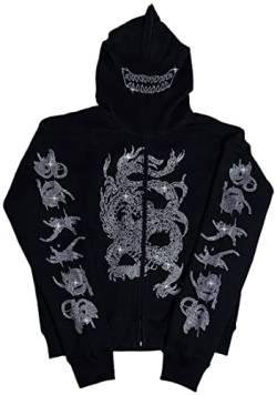 OLIPHEE Herren Kapuzenpullover Übergroßes Hoodie Skeleton Druck Full Zip Y2k Ästhetischer Mantel Halloween 90s Langarm Streetwear(L,Drachendruck) von OLIPHEE