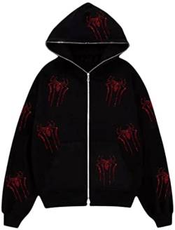 OLIPHEE Herren Kapuzenpullover Übergroßes Hoodie Skeleton Druck Full Zip Y2k Ästhetischer Mantel Halloween 90s Langarm Streetwear(L,Spinne) von OLIPHEE