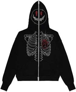 OLIPHEE Herren Kapuzenpullover Übergroßes Hoodie Skeleton Druck Full Zip Y2k Ästhetischer Mantel Halloween 90s Langarm Streetwear (L,Rotherz) von OLIPHEE