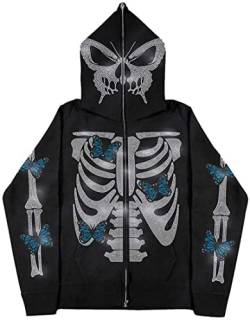 OLIPHEE Herren Kapuzenpullover Übergroßes Hoodie Skeleton Druck Full Zip Y2k Ästhetischer Mantel Halloween 90s Langarm Streetwear (M,Schmetterling) von OLIPHEE