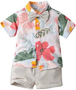 OLIPHEE Jungen Gentleman Anzüge Kinder Kurzarm Hawaii Hemd T-Shirts + Kurze Hose mit Tasche Freizeit Suit Strand Urlaub Sommer Set (130,Grau) von OLIPHEE