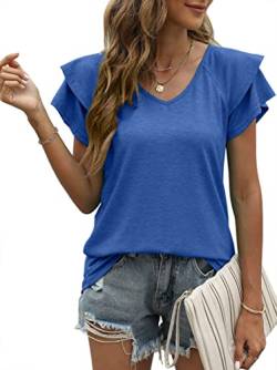 OLIPHEE T-Shirt Damen Elegant mit Rüsche Sommer Oberteile Damen Tanktops V-Ausschnitt Lässig Einfarbig Fashion Tunika Blau S von OLIPHEE