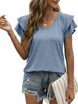 OLIPHEE T-Shirt Damen Elegant mit Rüsche Sommer Oberteile Damen Tanktops V-Ausschnitt Lässig Einfarbig Fashion Tunika Blaugrau L von OLIPHEE