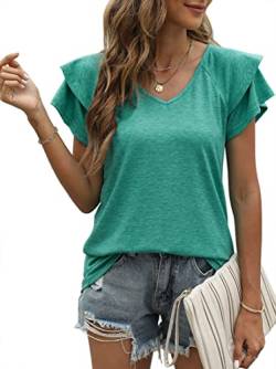 OLIPHEE T-Shirt Damen Elegant mit Rüsche Sommer Oberteile Damen Tanktops V-Ausschnitt Lässig Einfarbig Fashion Tunika Hellgrün M von OLIPHEE