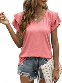 OLIPHEE T-Shirt Damen Elegant mit Rüsche Sommer Oberteile Damen Tanktops V-Ausschnitt Lässig Einfarbig Fashion Tunika Rosa M von OLIPHEE