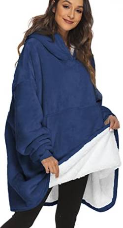 OLIPHEE Übergroße Sherpa Sweatshirt Decke Weiche Warme Riesen Hoodie Fronttasche Giant Plüsch Pullover Decke mit Kapuze (Einheitsgröße,Navyblau) von OLIPHEE