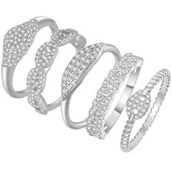 OLIVIASO 5pcs Kette Linked Ring Set Minimalistisch Stapelbar Einfach Ringset für Frauen Damen Gepflasterte CZ Weißgold Größe 57(18.1) von OLIVIASO
