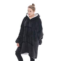 Übergroße Sherpa Hoodie, Unisex Hoodie, tragbare Kapuzendecke, super warm, weich, bequem, Kapuzenpullover, Decke, Einheitsgröße für alle Menschen (1,3 kg) (schwarz) von OLOEY
