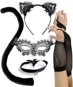 OLYPHAN Schwarze Katze Kostüm für Frauen Halloween Maskerade Maske Spitze Ohren Handschuhe Schwanz Choker Halskette von OLYPHAN