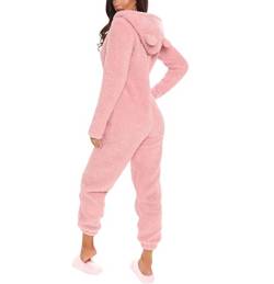 Damen Jumpsuit Teddy Fleece Schlafanzug Einteiler Winter Warm Onesie Plüsch Kuschelig Overall Flauschig Hausanzug Lang Schlafoverall Weich Pyjama Schlafanzug mit Kapuze & Reißverschluss von OLZYA