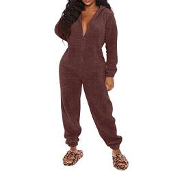 Damen Jumpsuit Teddy Fleece Schlafanzug Einteiler Winter Warm Onesie Plüsch Kuschelig Overall Flauschig Hausanzug Lang Schlafoverall Weich Pyjama Schlafanzug mit Kapuze & Reißverschluss von OLZYA