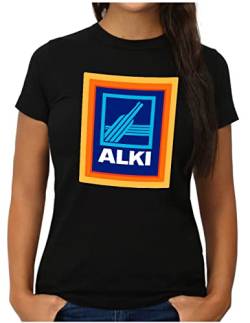 OM3® Alki T-Shirt | Damen | Parodie für Alkohol Liebhaber Saufparty Fun | XL, Schwarz von OM3