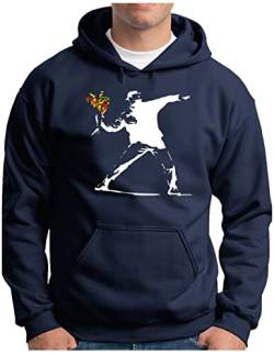 OM3® Banksy Flower Thrower Hoodie | Herren | Urban Street Art Peace Graffiti Punk Indie Sozial Kritik | Kapuzen-Pullover Navy, XL von OM3