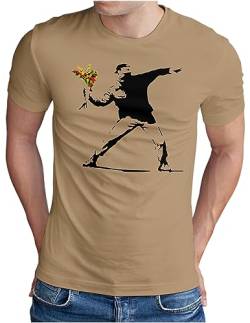 OM3® Banksy Flower Thrower T-Shirt | Herren | Urban Street III Art Peace Graffiti Punk Blume Sozial Kritik | Khaki, 3XL von OM3