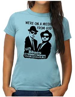 OM3® Blues Brothers T-Shirt | Damen | On A Mission from God Jake and Elwood | XL, Hellblau von OM3
