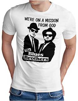 OM3® Blues Brothers T-Shirt | Herren | On A Mission from God Jake and Elwood | Weiß, 4XL von OM3