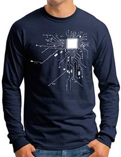 OM3® Computer-Chip-Heart Langarm Shirt | Herren | Geek CPU Nerd IT Admin Coder | Navy, S von OM3