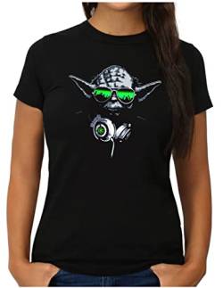 OM3® DJ-YODA T-Shirt | Damen | Deejay Headphones Party Club Music Beat Turntables | M, Schwarz von OM3