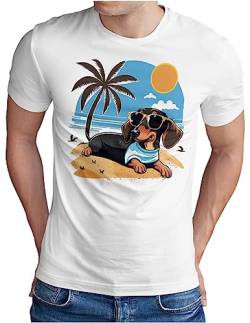 OM3® Dackel T-Shirt mit Hundemotiv | Herren | Chillen Urlaub Summer Vibes Palme Sonne Meer | Weiß, L von OM3