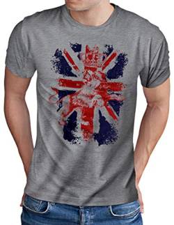 OM3® Great Britain Lion T-Shirt | Herren | British Union Jack Vintage Flag | Grau Meliert, 3XL von OM3