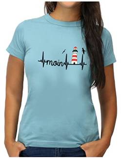 OM3® Küsten Herzschlag Moin mit Leuchtturm T-Shirt | Damen | Slogan Lighthouse Meer Statement | M, Hellblau von OM3