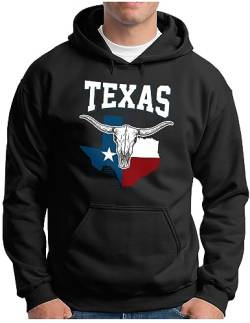 OM3® Longhorn Skull Texas Hoodie | Herren | USA Vintage State Flag Vereinigte Staaten III | Kapuzen-Pullover Schwarz, XXL von OM3