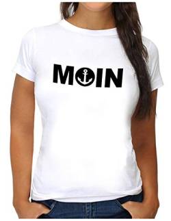 OM3® Moin mit Anker T-Shirt | Damen | Slogan Meer Spruch Küste Statement Norden | S, Weiß von OM3
