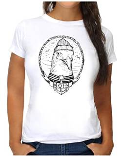 OM3® Moin mit Seemöwe T-Shirt | Damen | Slogan Möwe Meer Spruch Küste Nautical | M, Weiß von OM3