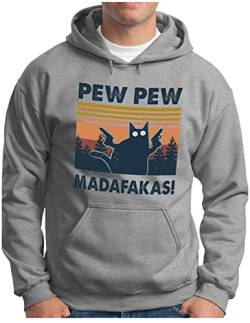 OM3® Pew Pew Madafakas Hoodie | Herren | Lustiges Katzen Spruch Motiv Meme Design Retro | Kapuzen-Pullover Grau Meliert, XXL von OM3