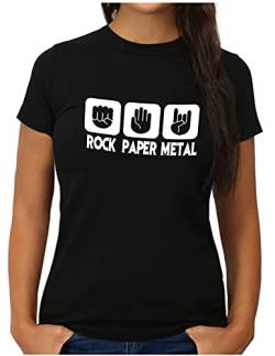 OM3® Rock Paper Metal T-Shirt | Damen | Stein Papier Schere Metalhand | L, Schwarz von OM3