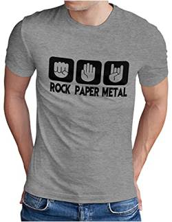 OM3® Rock Paper Metal T-Shirt | Herren | Stein Papier Schere Metalhand | Grau Meliert, L von OM3