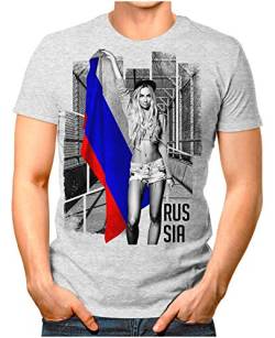 OM3® - Russia-Soccer-Girl - Herren T-Shirt Fan Support Fußball Trikot Sexy Frau Russland Vintage Grau Meliert 4XL von OM3