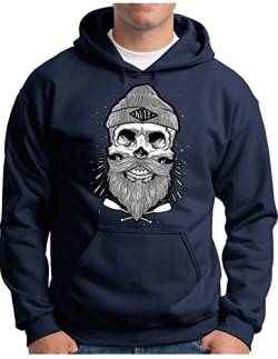 OM3® Sailor Skull Hoodie | Herren | Totenkopf Seemann Bart Boot Schiff | Kapuzen-Pullover Navy, 3XL von OM3