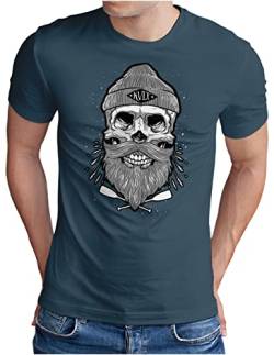 OM3® Sailor Skull T-Shirt | Herren | Totenkopf Seemann Bart Boot Schiff | Denim, 3XL von OM3