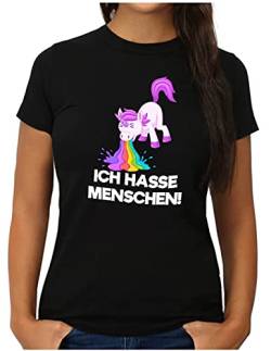 OM3® kotzendes Einhorn T-Shirt | Damen | Ich Hasse Menschen Regenbogen Fun Spruch Statement | M, Schwarz von OM3