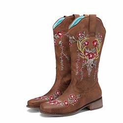 OMEARK Damen Geblümt Weite Wade Western-Stiefel, Vintage Quadratische Zehe Klotzige Ferse Bestickt Cowgirl-Stiefel, Retro lässig Stiefel Schuhe Größe Kniehoch Snip Toe Reiterstiefel,Braun,37 von OMEARK