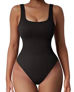 OMKAGI Bodysuit Ribbed Shapewear Damen Bauchweg Stark Formend Sculpting Sleeveless Seamless Yoga Jumpsuit Thong Bodysuits Figure Shaping Body Shape(M, Schwarz-02) von OMKAGI