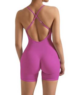 OMKAGI Rückenfreie Gerippte Jumpsuit Damen Kurz Spaghetti Strap Yoga Overall Bauchweg Sport Einteiler Romper(L,Heißes Pink) von OMKAGI
